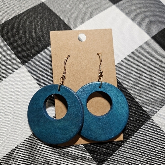 Handmade Wooden Circle Cut Out Dark Turquoise 2.75in Dangle Earrings New - Picture 1 of 3